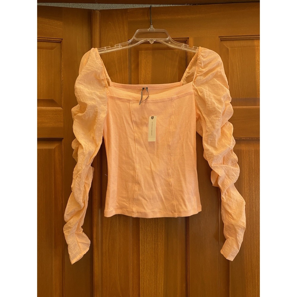 NEW 88$ Anthropologie Ruched Sleeve Square Neck Top Size Small Peach Long